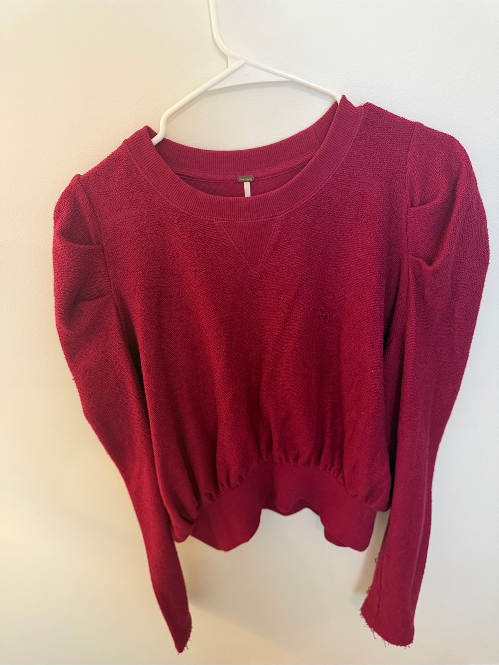 Free People Burgundy Puff Sleeve Crewneck Sweatshirt